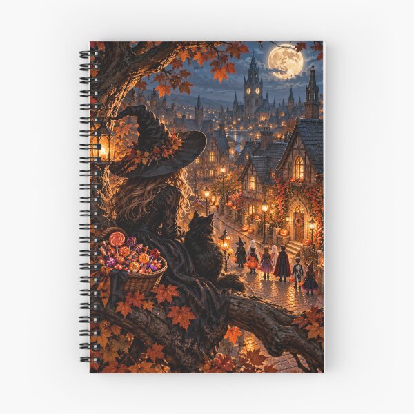 Item preview, Witch and Black Cat Watching Trick or Treaters designed and sold by Meandmyshop.