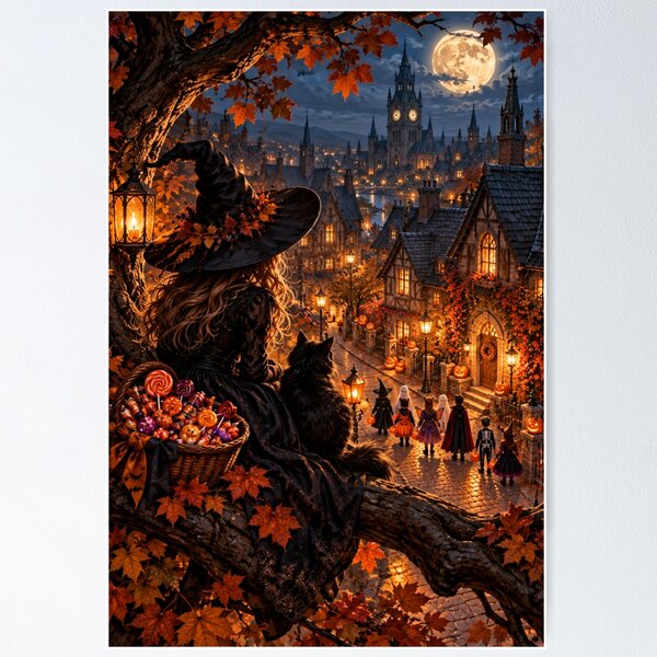 Item preview, Witch and Black Cat Watching Trick or Treaters designed and sold by Meandmyshop.