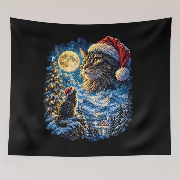 Item preview, Magical Christmas Black Cat with Santa Hat, Full Moon and Snowy Mountain Winter Wonderland designed and sold by SOUFIANE1991.