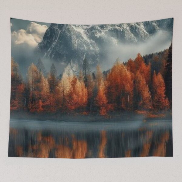 Item preview, Majestic Snow Peak Mountain with Autumn Forest Lake Reflection Art designed and sold by LYAN-STORE.
