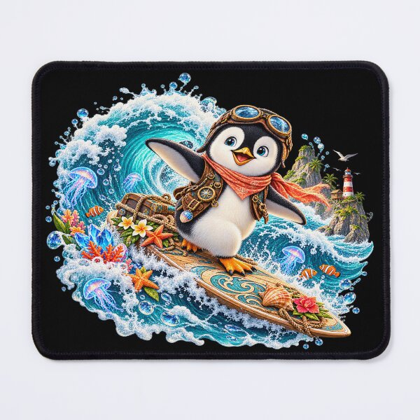 Item preview, Penguin Surf Adventure – Fantasy Ocean Rider designed and sold by TroviTutto.