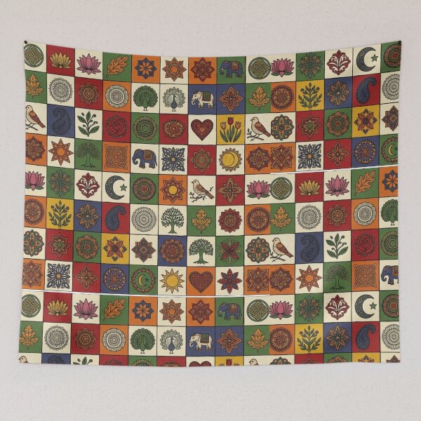 Item preview, Checkered design with Madhubani Motifs  designed and sold by Sakshiartwork.