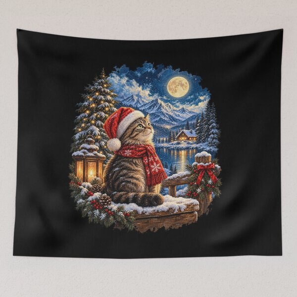 Item preview, Magical Christmas Cat with Santa Hat, Full Moon and Snowy Mountain Winter Wonderland designed and sold by SOUFIANE1991.