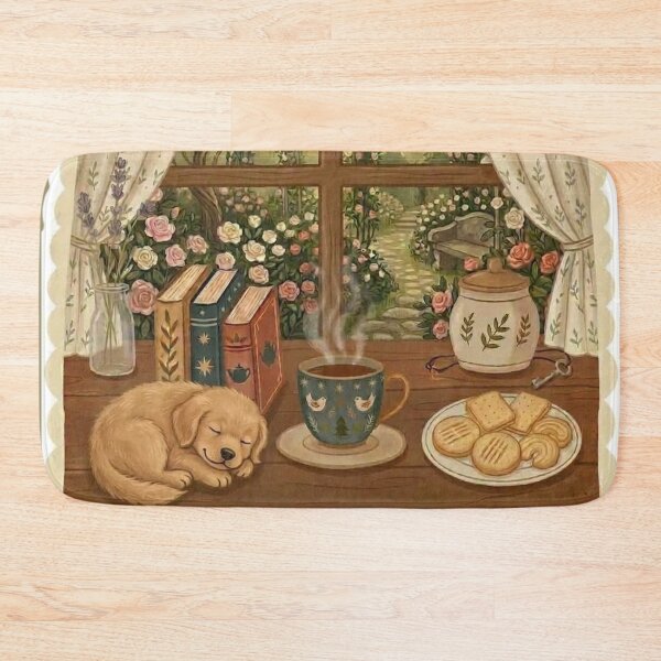 Item preview, Cozy Puppy Nap - Books and Tea / Coffee / Cottagecore Aesthetic / Roses / Floral /  Biscuits / Calm / Relaxing / Bookish / Cute Puppy / Stickers for Journaling designed and sold by TeenLake.