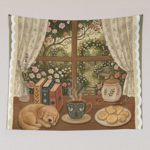 Item preview, Cozy Puppy Nap - Books and Tea / Coffee / Cottagecore Aesthetic / Roses / Floral /  Biscuits / Calm / Relaxing / Bookish / Cute Puppy / Stickers for Journaling designed and sold by TeenLake.