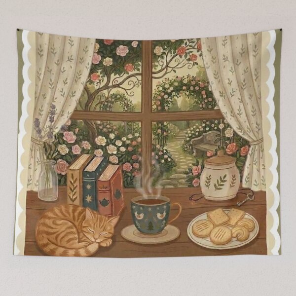 Item preview, Cozy Cat Nap - Books and Tea / Coffee / Cottagecore Aesthetic / Roses / Floral /  Biscuits / Calm / Relaxing / Bookish / Cute Kitty / Stickers for Journaling designed and sold by TeenLake.