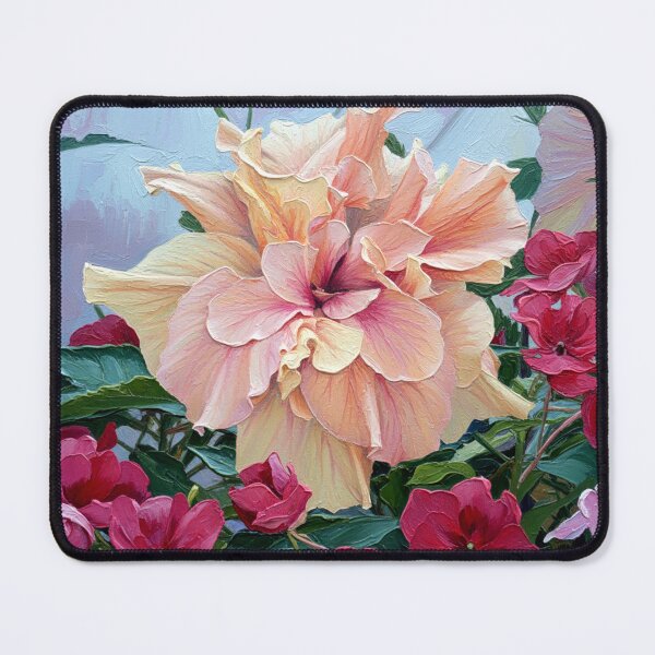 Item preview, Double pink and peach hibiscus surrounded by flowers in a lush garden. designed and sold by Nifashedji.