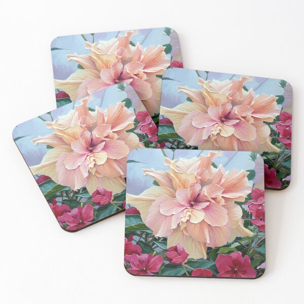 Item preview, Double pink and peach hibiscus surrounded by flowers in a lush garden. designed and sold by Nifashedji.