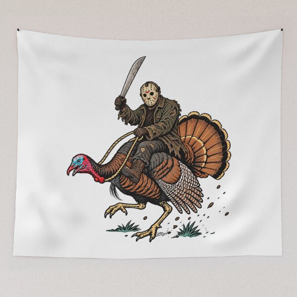 Item preview, Jason Voorhees Riding Turkey Thanksgiving Horror Graphic designed and sold by DYALEEZ-XCR.