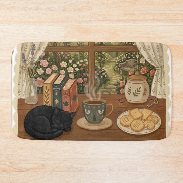 Item preview, Cozy Cat Nap - Books and Tea / Coffee / Cottagecore Aesthetic / Roses / Floral /  Biscuits / Calm / Relaxing / Bookish / Cute Kitty / Stickers for Journaling designed and sold by TeenLake.