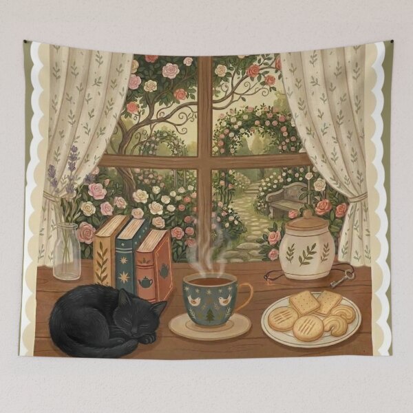 Item preview, Cozy Cat Nap - Books and Tea / Coffee / Cottagecore Aesthetic / Roses / Floral /  Biscuits / Calm / Relaxing / Bookish / Cute Kitty / Stickers for Journaling designed and sold by TeenLake.