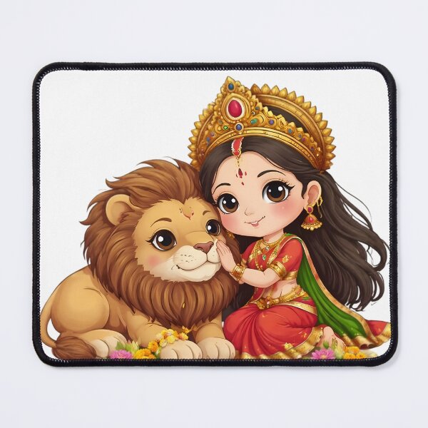 Item preview, Cute Goddess Durga and Lion – Hindu Festival Divine Spiritual Art designed and sold by Kruti Collection.