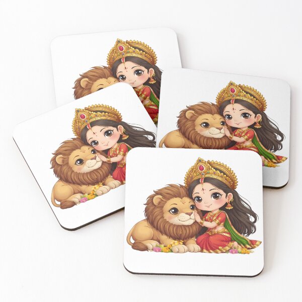 Item preview, Cute Goddess Durga and Lion – Hindu Festival Divine Spiritual Art designed and sold by Kruti Collection.