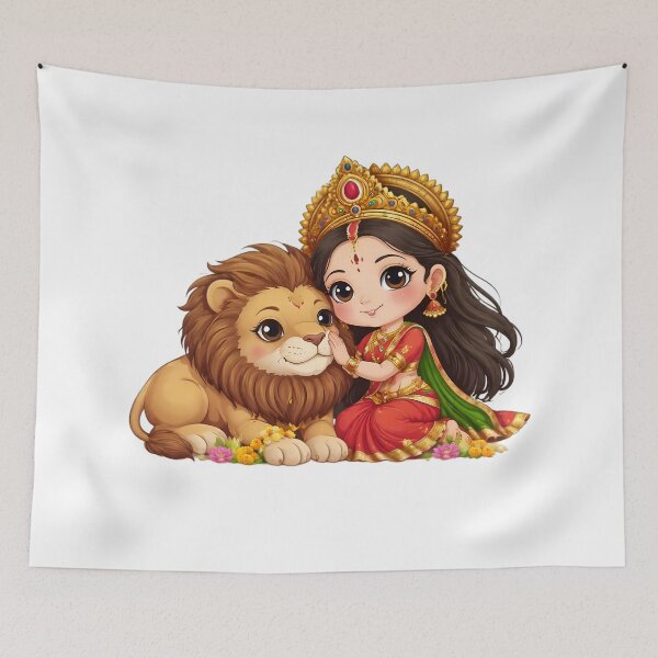 Item preview, Cute Goddess Durga and Lion – Hindu Festival Divine Spiritual Art designed and sold by Kruti Collection.