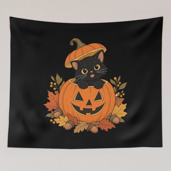 Item preview, Charming Black Cat In Pumpkin Stem Hat Autumn Felinesss designed and sold by Aqouiatiqe.