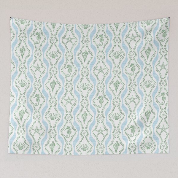 Item preview, Seahorses Shells And Starfish And Wavy Seaweed In Green And Blue designed and sold by EliveraDesigns.