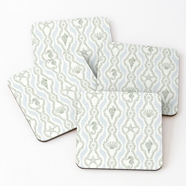 Item preview, Seahorses Shells And Starfish And Wavy Seaweed In Sage Green And Muted Blue designed and sold by EliveraDesigns.