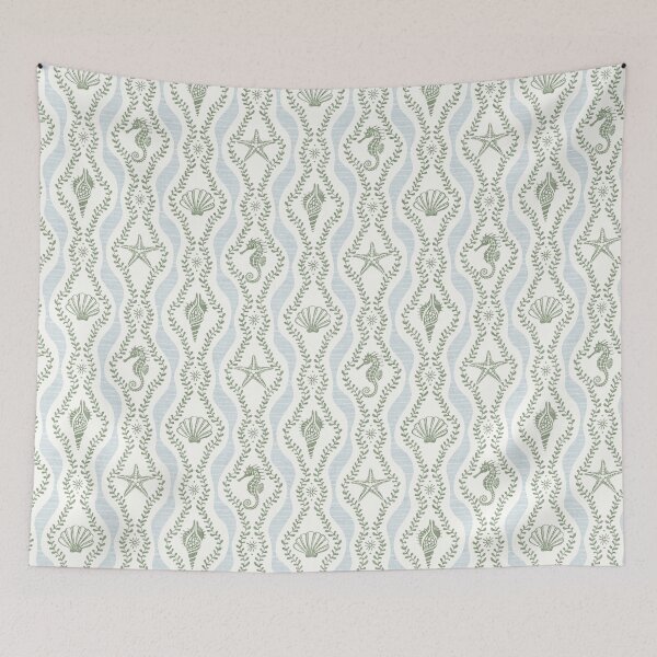 Item preview, Seahorses Shells And Starfish And Wavy Seaweed In Sage Green And Muted Blue designed and sold by EliveraDesigns.