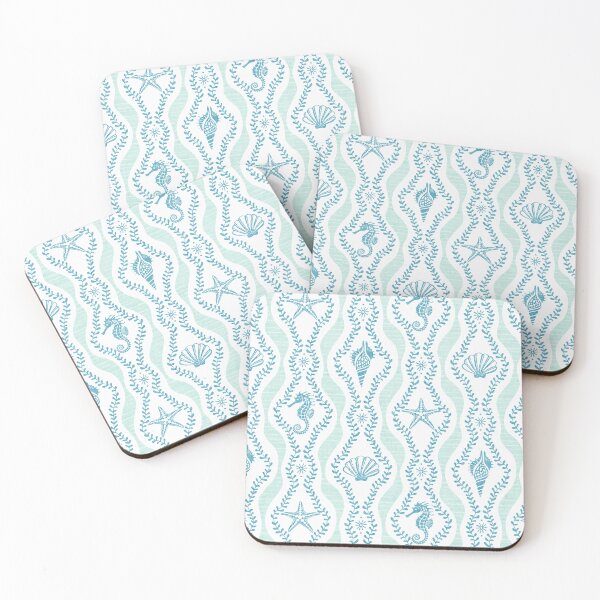 Item preview, Seahorses Shells And Starfish And Wavy Seaweed In Teal Blue And White designed and sold by EliveraDesigns.