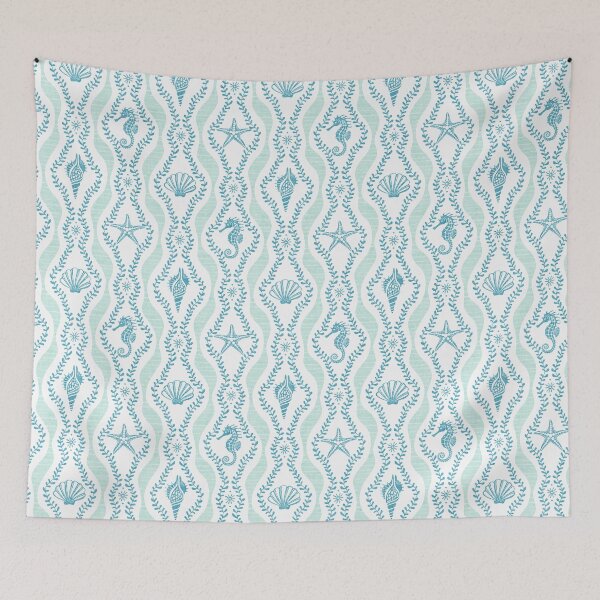 Item preview, Seahorses Shells And Starfish And Wavy Seaweed In Teal Blue And White designed and sold by EliveraDesigns.