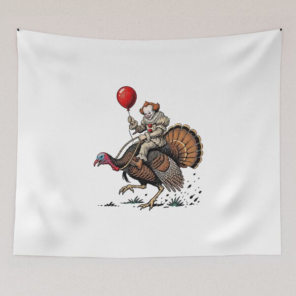 Item preview, Pennywise Riding Giant Turkey Thanksgiving Horror Mashup designed and sold by PunPals-Art.