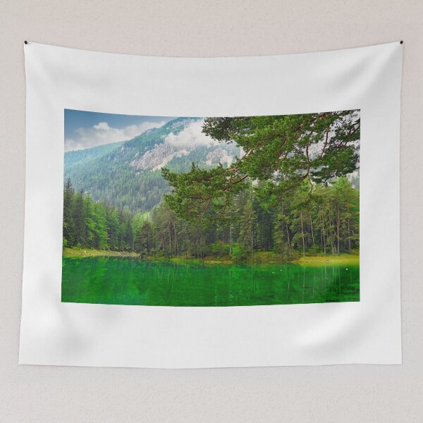 Item preview, Vibrant emerald green water of Grüner See lake in Styria Austria with pine forest and mountains designed and sold by goceris.