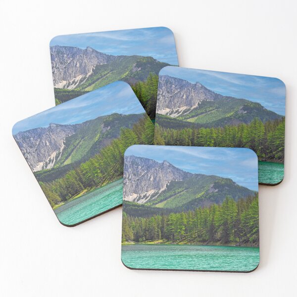 Item preview, Turquoise water of Gruner See lake with Hochschwab mountain range and pine forest in Austria designed and sold by goceris.