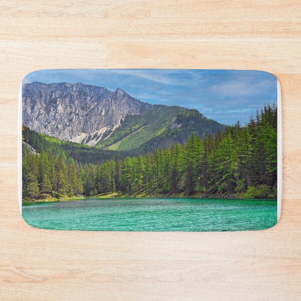 Item preview, Turquoise water of Gruner See lake with Hochschwab mountain range and pine forest in Austria designed and sold by goceris.