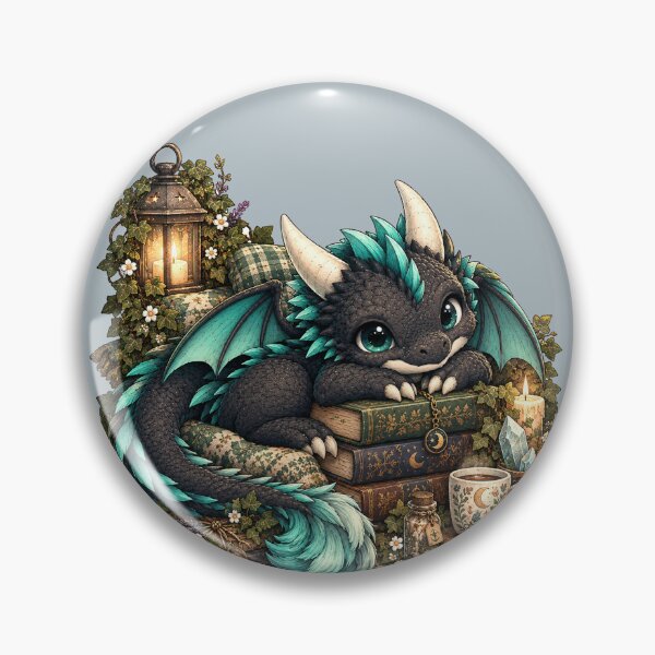 Item preview, Cozy Black and Teal Dragon with Books Whimsical Goth Cottagecore Art designed and sold by Hatchling Hollow.