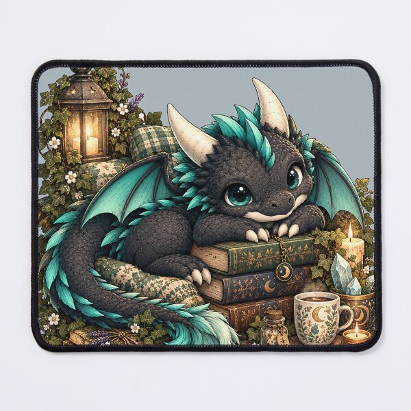 Item preview, Cozy Black and Teal Dragon with Books Whimsical Goth Cottagecore Art designed and sold by Hatchling Hollow.