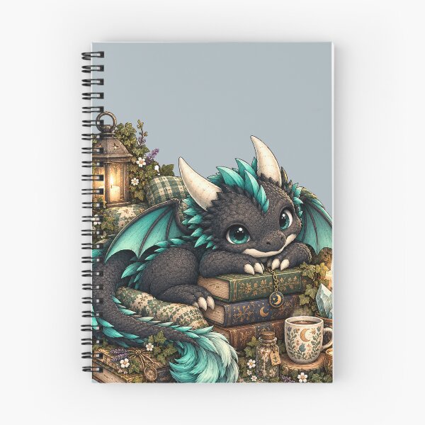 Item preview, Cozy Black and Teal Dragon with Books Whimsical Goth Cottagecore Art designed and sold by Hatchling Hollow.