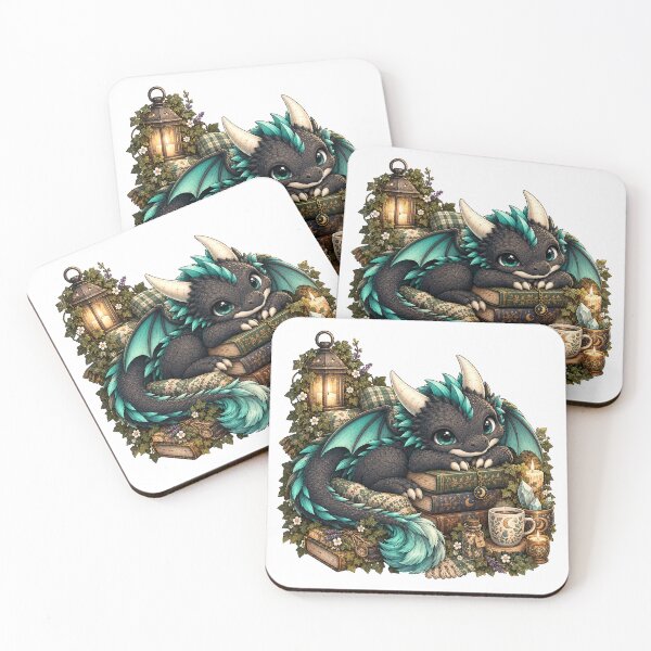 Item preview, Cozy Black and Teal Dragon with Books Whimsical Goth Cottagecore Art designed and sold by Hatchling Hollow.