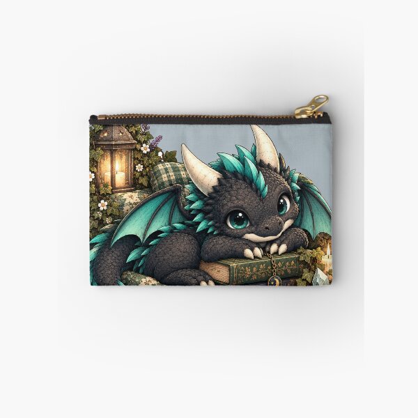 Item preview, Cozy Black and Teal Dragon with Books Whimsical Goth Cottagecore Art designed and sold by Hatchling Hollow.