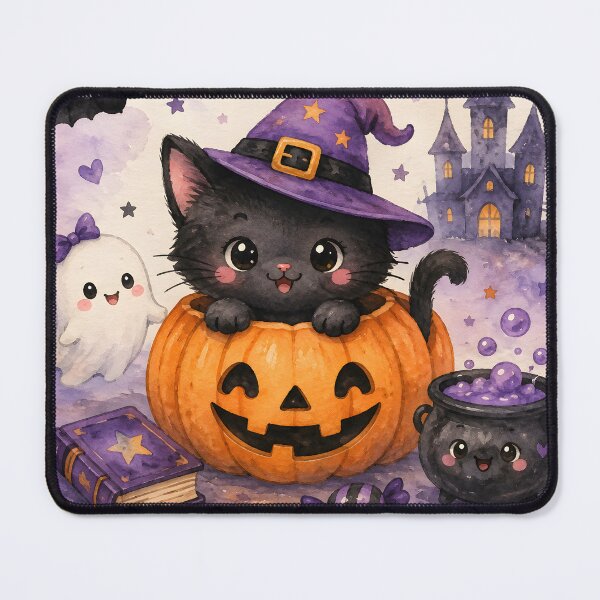Item preview, Meow-gical Halloween Wishes – Cute Black Cat Witch & Pumpkin Watercolor designed and sold by blankTeeShirt.