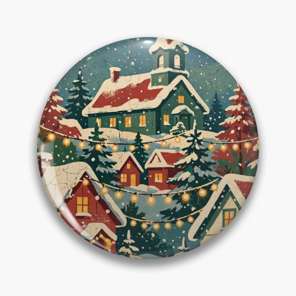 Item preview, Snowy Christmas Village at Dusk - Vintage Holiday Scene Tee designed and sold by KERK Art and Design.