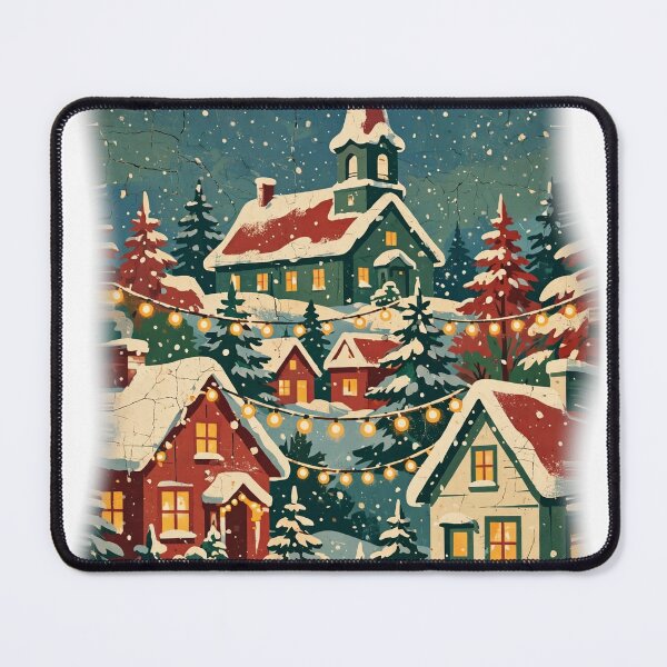 Item preview, Snowy Christmas Village at Dusk - Vintage Holiday Scene Tee designed and sold by KERK Art and Design.