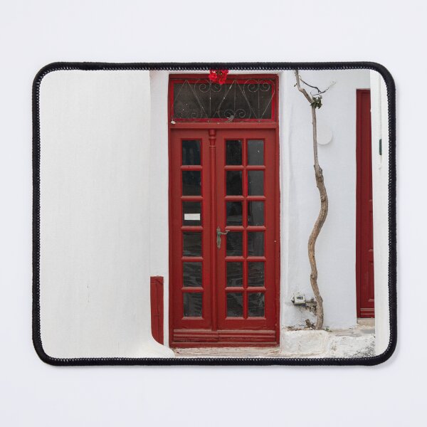 Item preview, Mykonos Greek Street with Red Door and Bougainvillea designed and sold by NinelRo.
