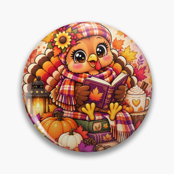 Item preview, Kawaii Thanksgiving Turkey Reading Book with Pumpkin Spice, Sunflowers and Autumn Leaves designed and sold by ALH Apparel.