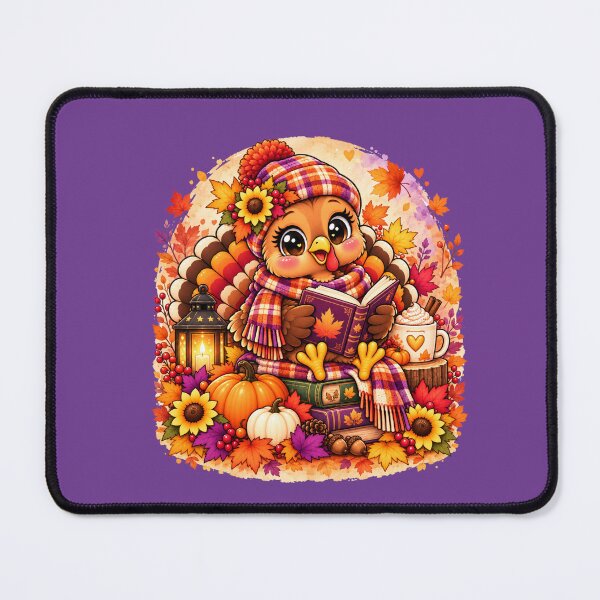 Item preview, Kawaii Thanksgiving Turkey Reading Book with Pumpkin Spice, Sunflowers and Autumn Leaves designed and sold by ALH Apparel.