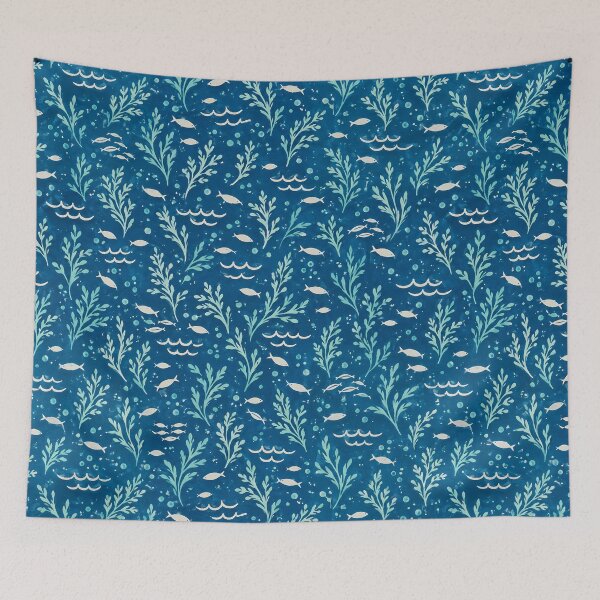 Item preview, Deep Sea Blue – Fish and Seaweed Ocean Pattern designed and sold by BLUEFOX05.