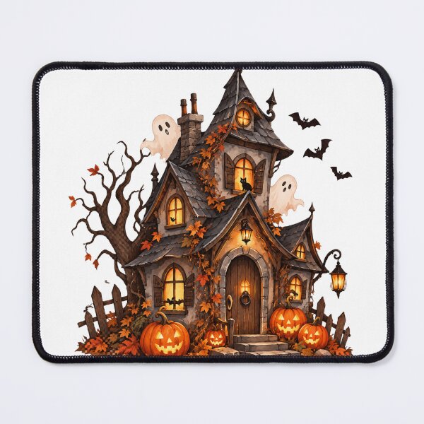 Item preview, Cute Haunted House with Ghosts & Pumpkins – Whimsical Halloween Art designed and sold by Safa Reda.