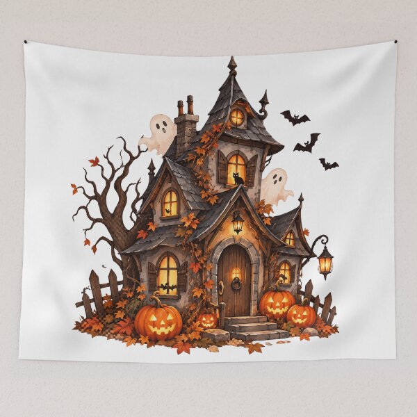 Item preview, Cute Haunted House with Ghosts & Pumpkins – Whimsical Halloween Art designed and sold by Safa  Reda.