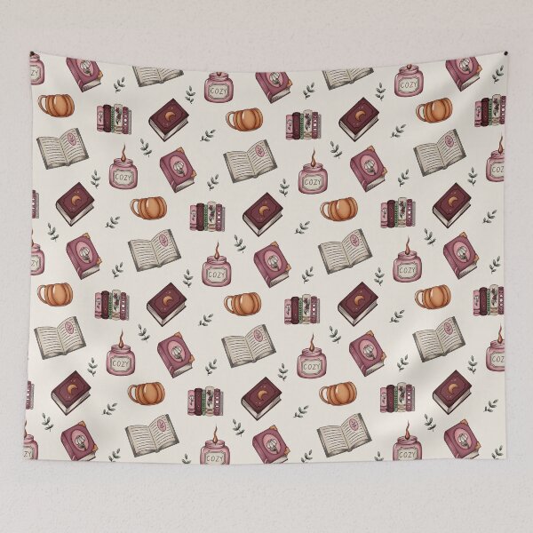 Item preview, Cozy Autumn Booklover Pattern (Mushroom mug, Books, Greenery, Candles) designed and sold by By_Lisart.