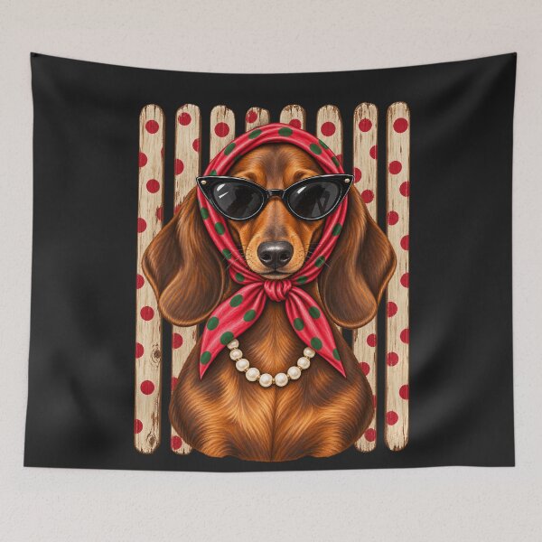 Item preview, Glam Dachshund Polka Dot Scarf Chic Dog Portrait designed and sold by AmiGraph.