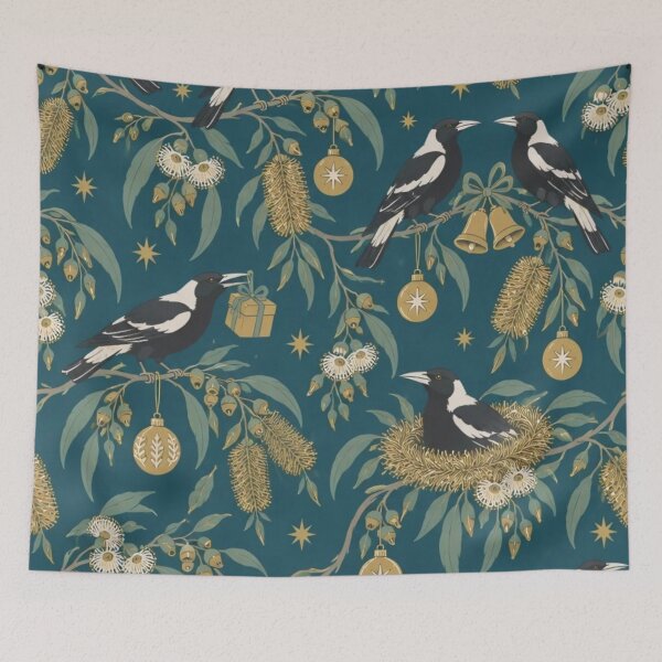 Item preview, Christmas Magpie Chinoiserie Seamless Pattern | Australian Christmas Bird Repeat designed and sold by StickyGuys.
