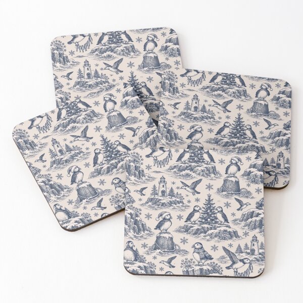 Item preview, Puffins Christmas Toile Seamless Pattern | Coastal Puffin Holiday Toile de Jouy designed and sold by StickyGuys.