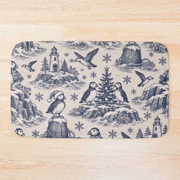 Item preview, Puffins Christmas Toile Seamless Pattern | Coastal Puffin Holiday Toile de Jouy designed and sold by StickyGuys.