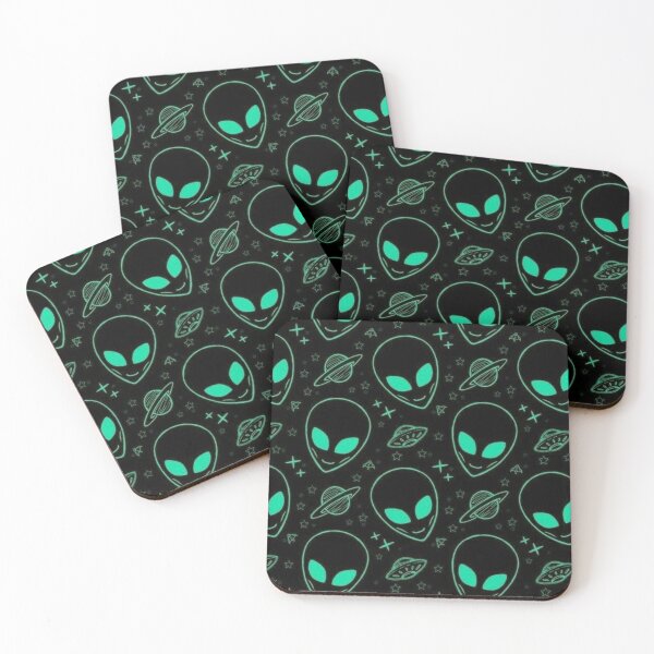 Item preview, Neon Cyan Alien Heads Seamless Pattern – Glow UFO Space Sci-Fi Design designed and sold by frantuliuss.