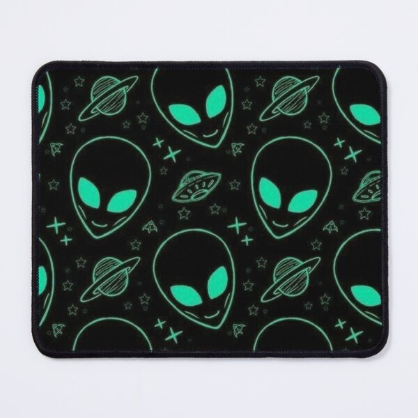 Item preview, Neon Cyan Alien Heads Seamless Pattern – Glow UFO Space Sci-Fi Design designed and sold by frantuliuss.