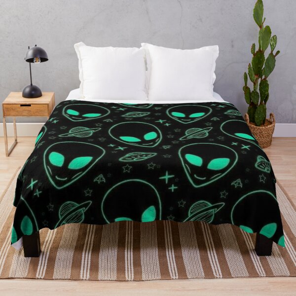Item preview, Neon Cyan Alien Heads Seamless Pattern – Glow UFO Space Sci-Fi Design designed and sold by frantuliuss.